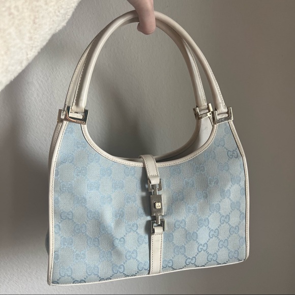 Authentic Gucci Jackie Bag in baby blue Gucci Monogram & cream leather trim